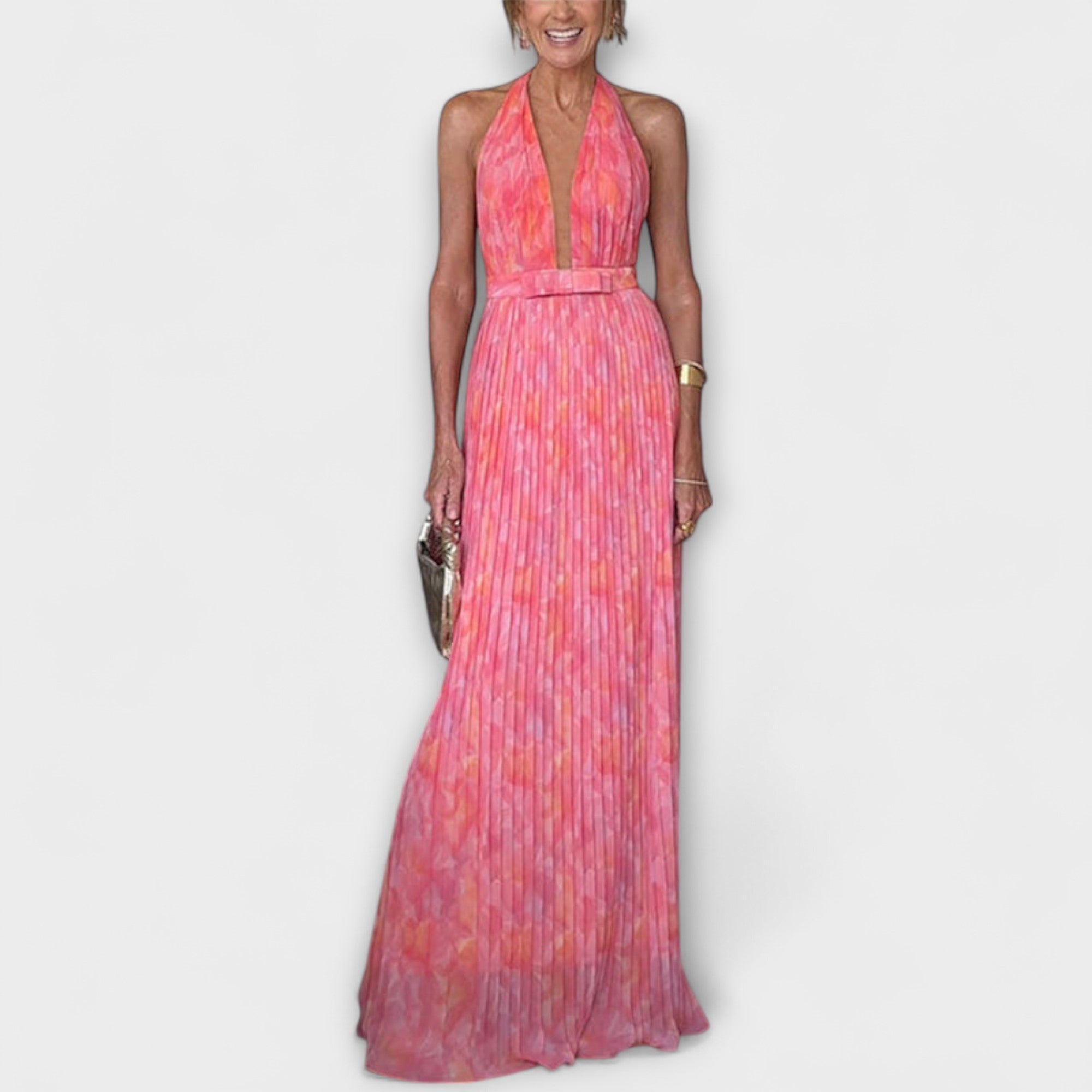 Seraphina - Schickes Halter Neck V-Ausschnitt Falten Maxi Kleid