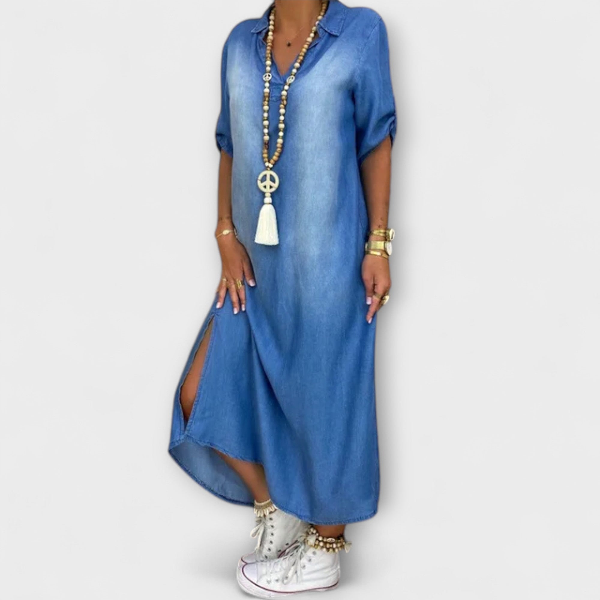 Lea - Langes Denim-Look Kleid mit Seitenschlitz