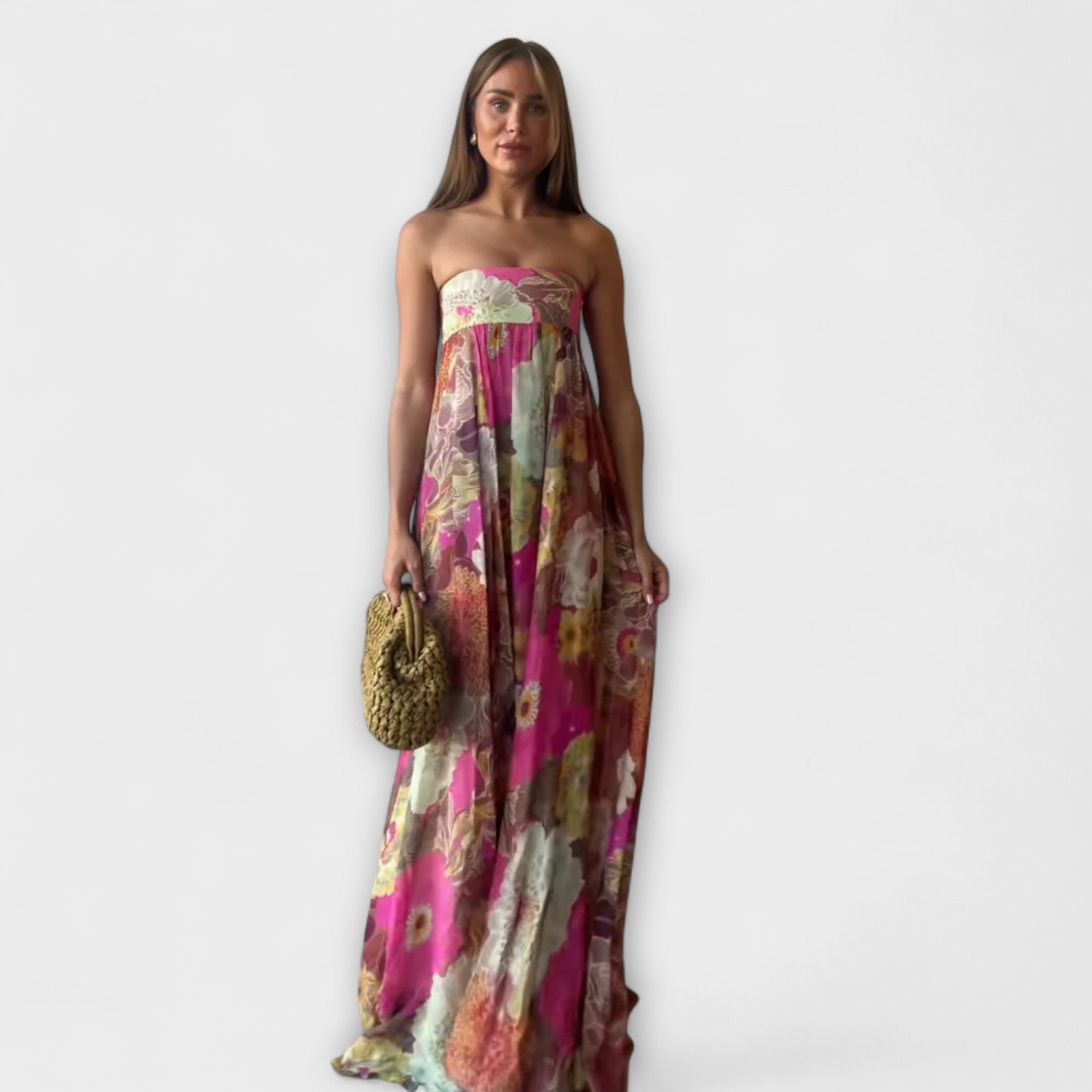 Schickes Retro Strapless Falten Maxi Kleid