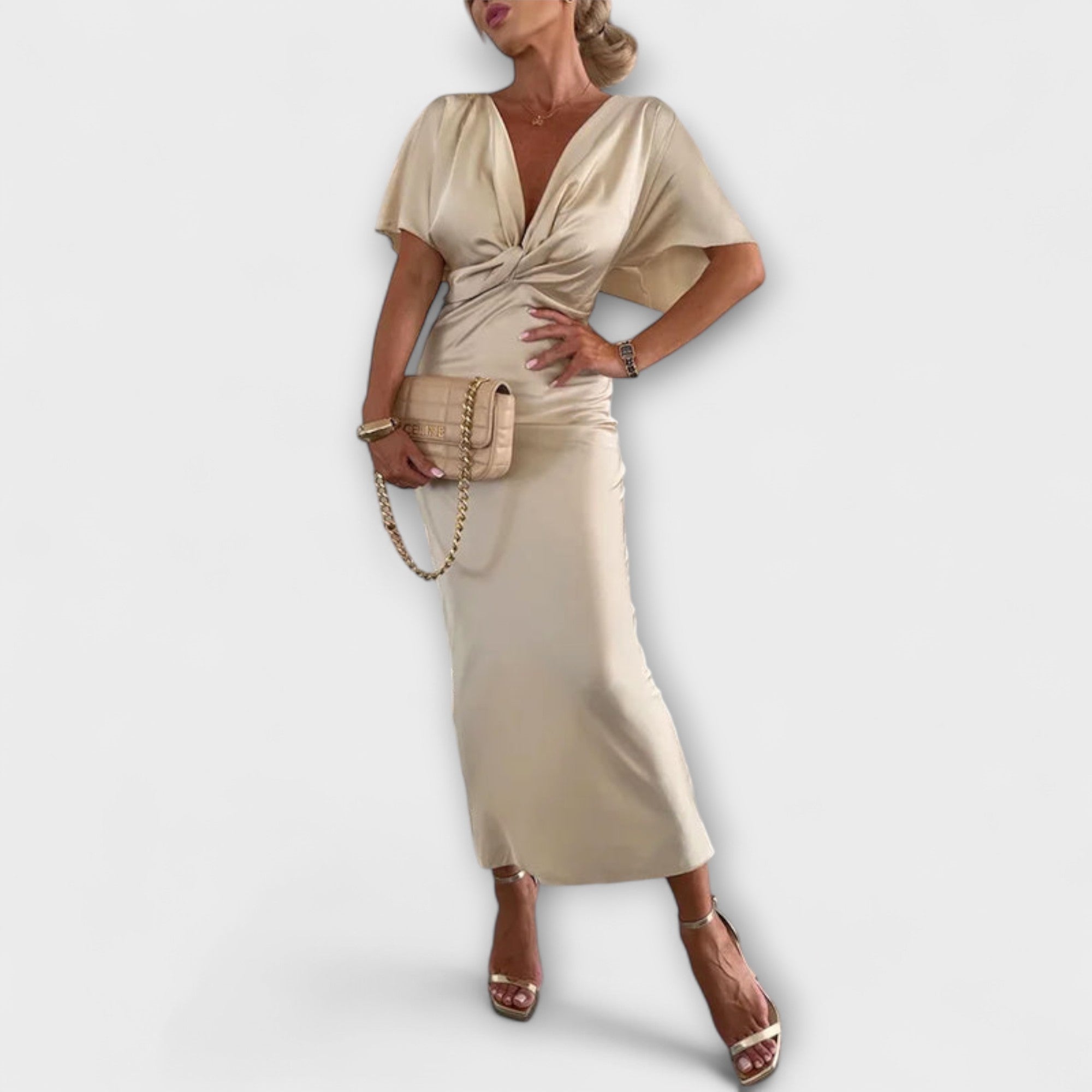 Sable - Elegantes Satin V-Ausschnitt Kreuzknoten Slim Fit Maxikleid