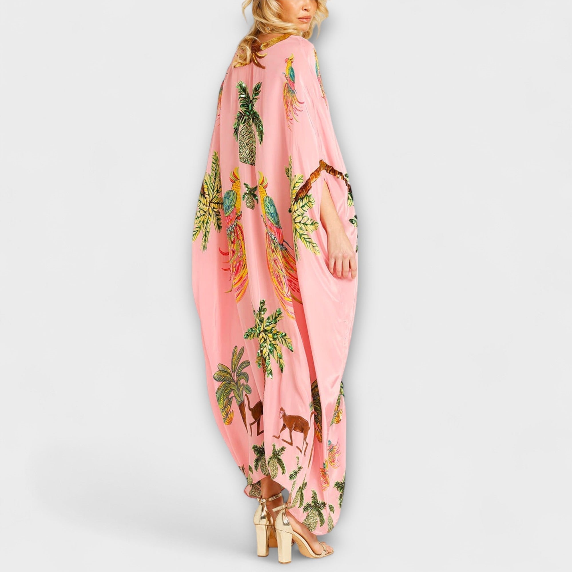 Linda - Auffälliges Kleid mit schulterfreiem Design und Kokosnussbaum-Print