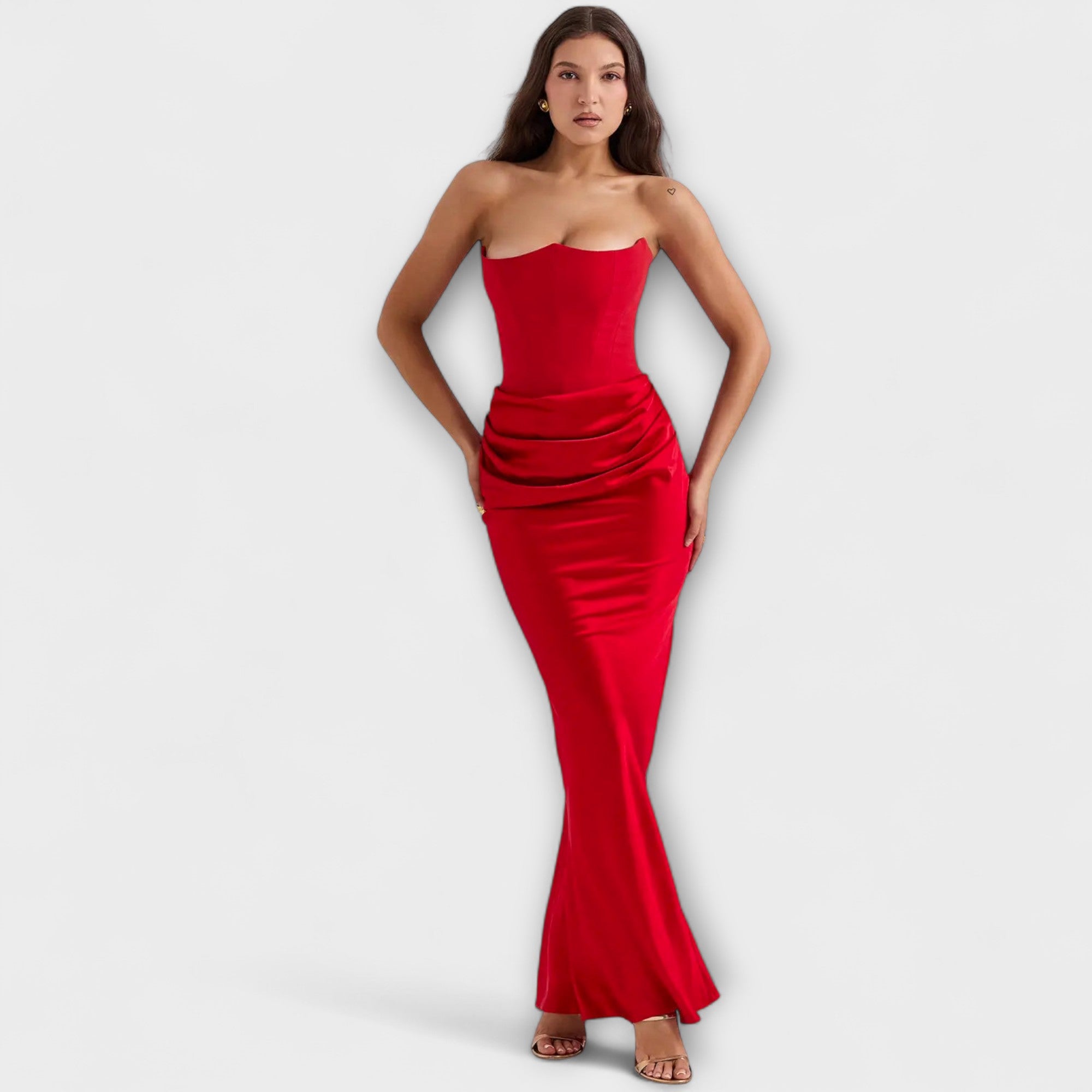 Off-Shoulder Satin Maxi-Kleid mit Drapierung
